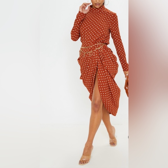 TERRACOTTA POLKA DOT SPLIT SIDE MIDI SKIRT UK-12, US-8 - Picture 1 of 5